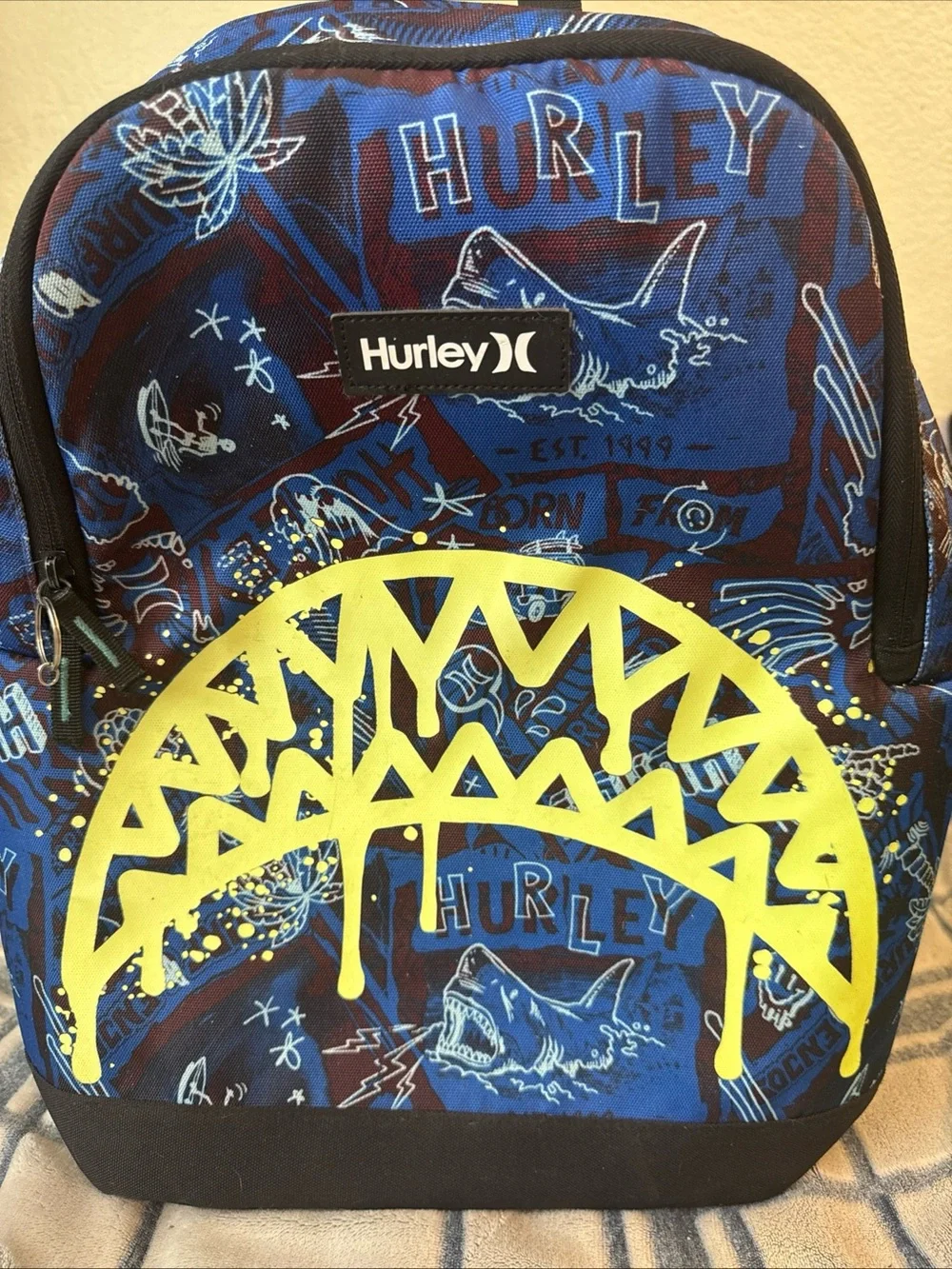 Hurley Blue Graphic Shark Backpack Bag Boys with Neon Yellow Accent